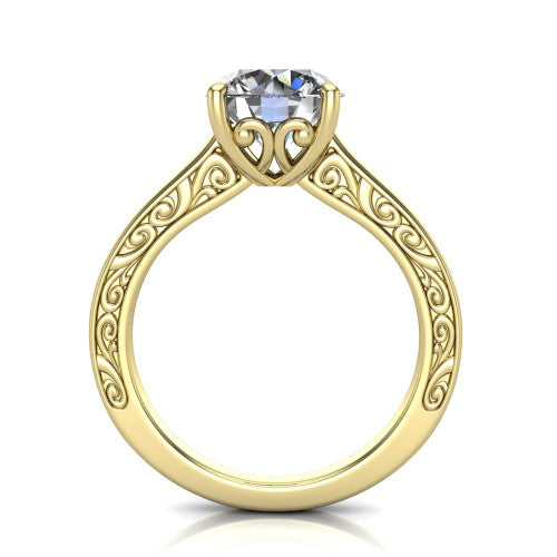 Samantha round engraved solitaire engagement ring in 18K Yellow Gold with scrollwork band, through-finger front profile showing the engraved gallery