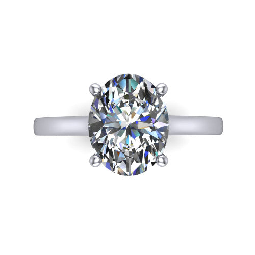 Samantha oval engraved solitaire engagement ring in 14K White Gold with scrollwork band, top-down view of the four-prong center and engraved band