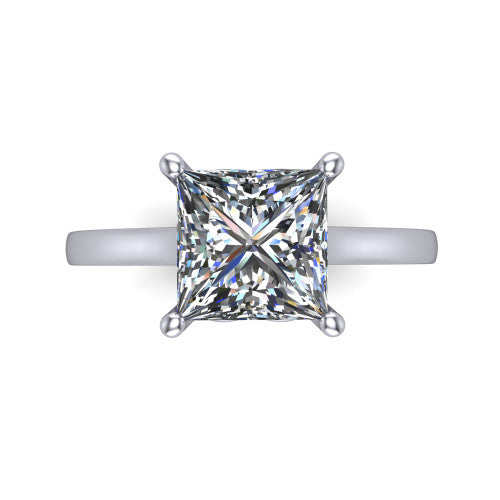 Samantha princess engraved solitaire engagement ring in 18K White Gold with scrollwork band, top-down view of the four-prong center and engraved band
