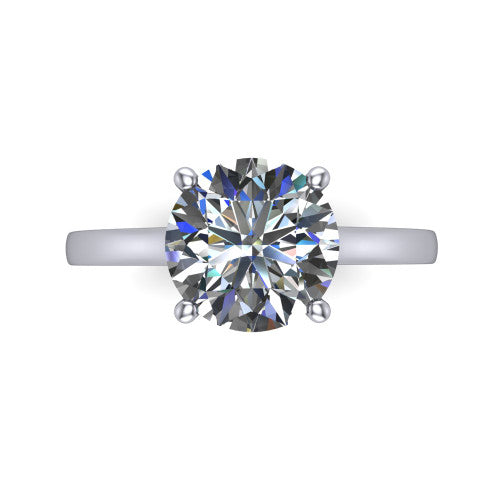 Samantha round engraved solitaire engagement ring in 18K White Gold with scrollwork band, top-down view of the four-prong center and engraved band