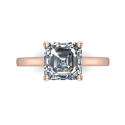 Samantha asscher engraved solitaire engagement ring in 18K Rose Gold with scrollwork band, top-down view of the four-prong center and engraved band