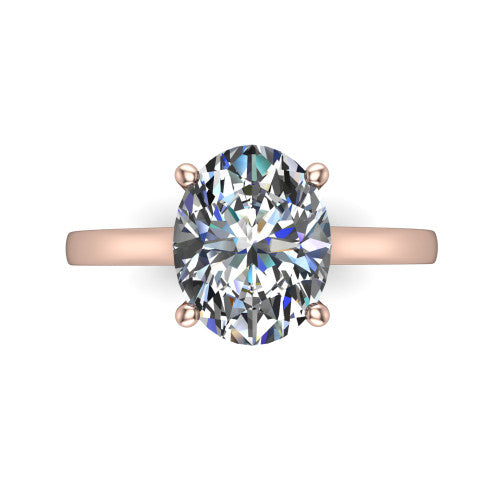 Samantha oval engraved solitaire engagement ring in 14K Rose Gold with scrollwork band, top-down view of the four-prong center and engraved band