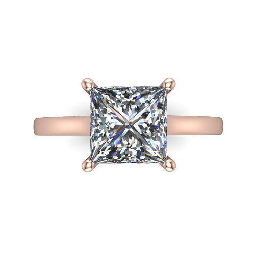 Samantha princess engraved solitaire engagement ring in 14K Rose Gold with scrollwork band, top-down view of the four-prong center and engraved band