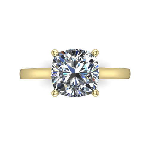 Samantha cushion engraved solitaire engagement ring in 18K Yellow Gold with scrollwork band, top-down view of the four-prong center and engraved band