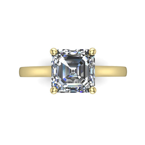 Samantha asscher engraved solitaire engagement ring in 18K Yellow Gold with scrollwork band, top-down view of the four-prong center and engraved band