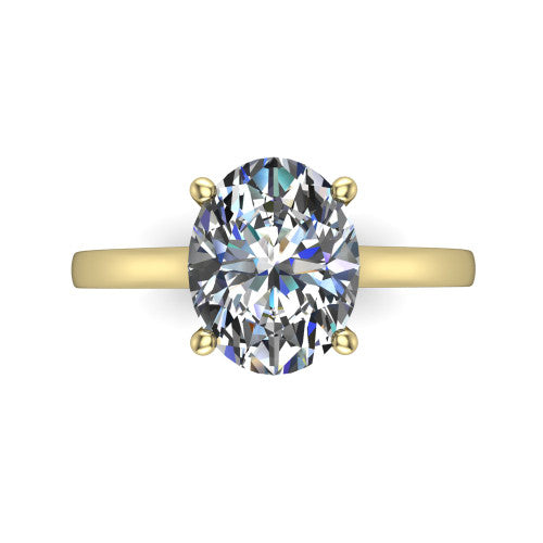 Samantha oval engraved solitaire engagement ring in 14K Yellow Gold with scrollwork band, top-down view of the four-prong center and engraved band