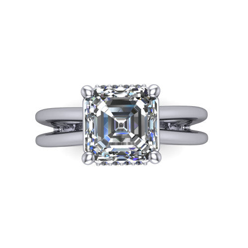 Julia Square Emerald Shape Hidden Halo Engagement Ring in 18K White Gold