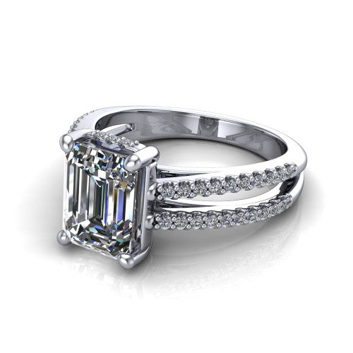 Linda emerald hidden halo engagement ring in Platinum with pavé split shank, three-quarter perspective view