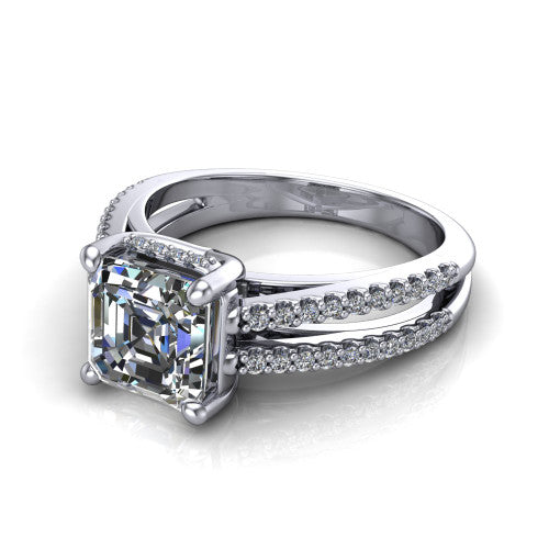 Linda asscher hidden halo engagement ring in 14K White Gold with pavé split shank, three-quarter perspective view
