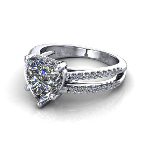 Linda heart hidden halo engagement ring in Platinum with pavé split shank, three-quarter perspective view