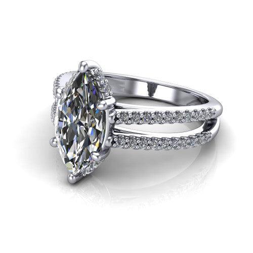 Linda marquise hidden halo engagement ring in 18K White Gold with pavé split shank, three-quarter perspective view