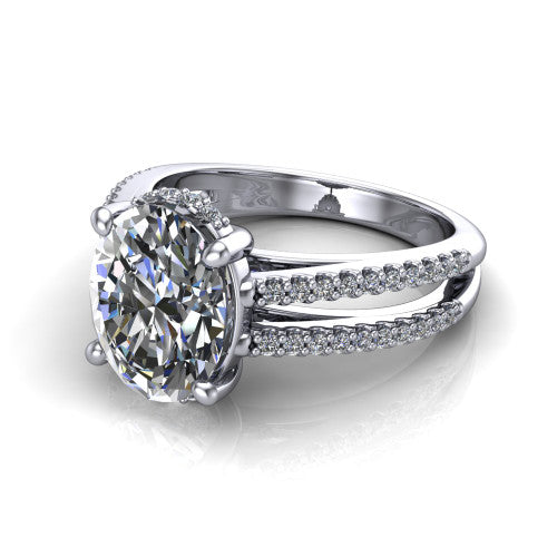 Linda oval hidden halo engagement ring in Platinum with pavé split shank, three-quarter perspective view