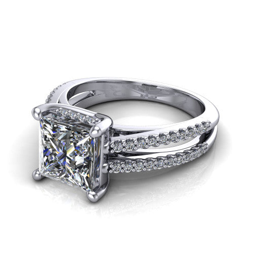 Linda princess hidden halo engagement ring in Platinum with pavé split shank, three-quarter perspective view