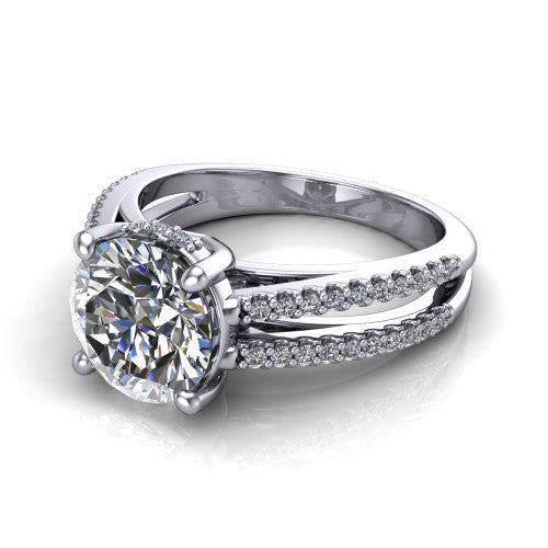 Linda round hidden halo engagement ring in 18K White Gold with pavé split shank, three-quarter perspective view