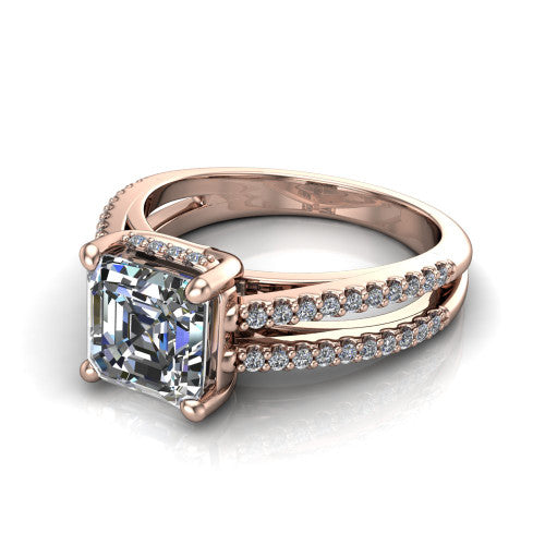 Linda asscher hidden halo engagement ring in 14K Rose Gold with pavé split shank, three-quarter perspective view