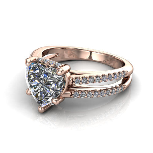 Linda heart hidden halo engagement ring in 14K Rose Gold with pavé split shank, three-quarter perspective view