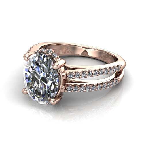 Linda oval hidden halo engagement ring in 14K Rose Gold with pavé split shank, three-quarter perspective view