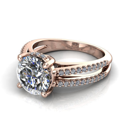 Linda round hidden halo engagement ring in 18K Rose Gold with pavé split shank, three-quarter perspective view