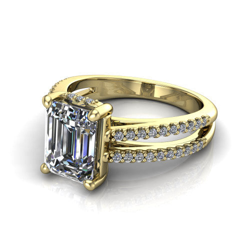 Linda emerald hidden halo engagement ring in 18K Yellow Gold with pavé split shank, three-quarter perspective view