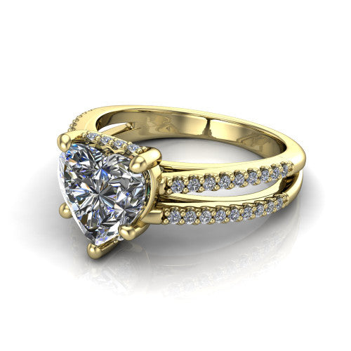 Linda heart hidden halo engagement ring in 14K Yellow Gold with pavé split shank, three-quarter perspective view