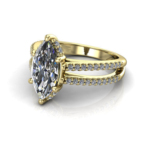 Linda marquise hidden halo engagement ring in 14K Yellow Gold with pavé split shank, three-quarter perspective view