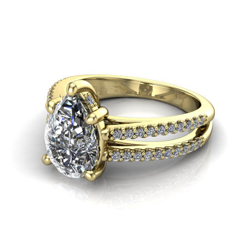 Linda pear hidden halo engagement ring in 18K Yellow Gold with pavé split shank, three-quarter perspective view