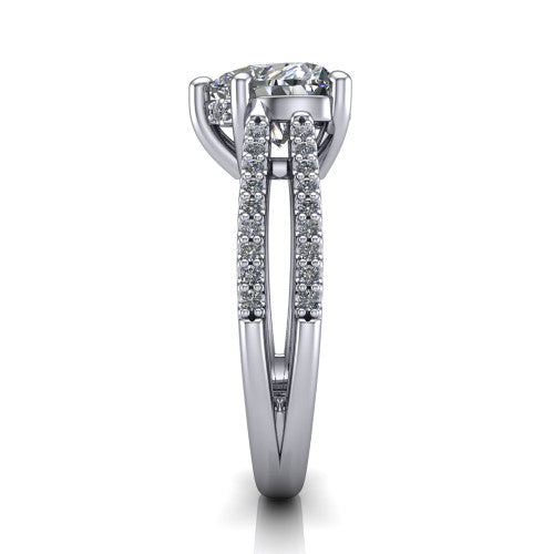 Linda heart hidden halo engagement ring in 18K White Gold with pavé split shank, side profile showing the hidden halo and pavé split shank