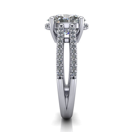 Linda oval hidden halo engagement ring in Platinum with pavé split shank, side profile showing the hidden halo and pavé split shank
