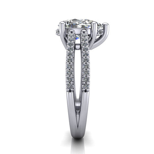 Linda pear hidden halo engagement ring in 18K White Gold with pavé split shank, side profile showing the hidden halo and pavé split shank