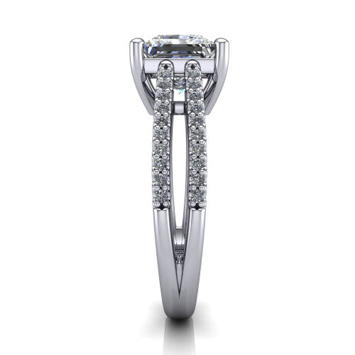 Linda princess hidden halo engagement ring in 18K White Gold with pavé split shank, side profile showing the hidden halo and pavé split shank