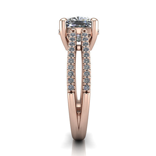 Linda cushion hidden halo engagement ring in 14K Rose Gold with pavé split shank, side profile showing the hidden halo and pavé split shank