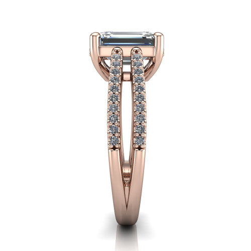 Linda emerald hidden halo engagement ring in 18K Rose Gold with pavé split shank, side profile showing the hidden halo and pavé split shank