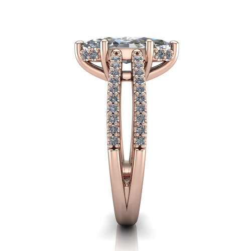 Linda marquise hidden halo engagement ring in 18K Rose Gold with pavé split shank, side profile showing the hidden halo and pavé split shank