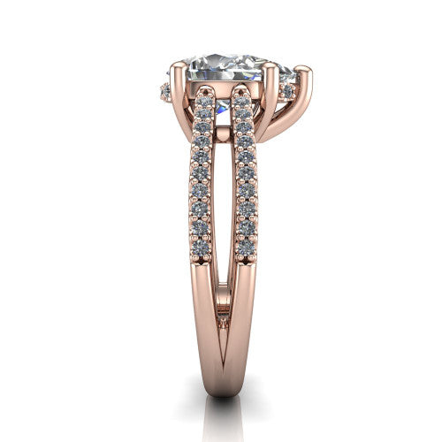 Linda pear hidden halo engagement ring in 14K Rose Gold with pavé split shank, side profile showing the hidden halo and pavé split shank