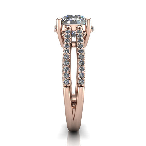 Linda round hidden halo engagement ring in 18K Rose Gold with pavé split shank, side profile showing the hidden halo and pavé split shank