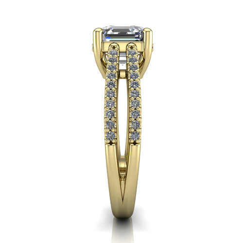 Linda asscher hidden halo engagement ring in 18K Yellow Gold with pavé split shank, side profile showing the hidden halo and pavé split shank