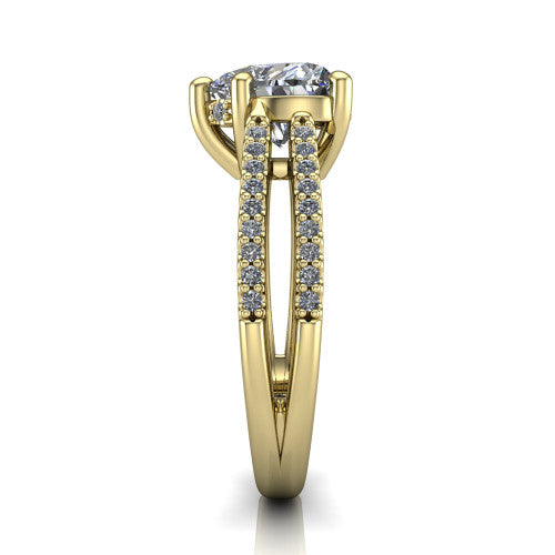 Linda heart hidden halo engagement ring in 14K Yellow Gold with pavé split shank, side profile showing the hidden halo and pavé split shank