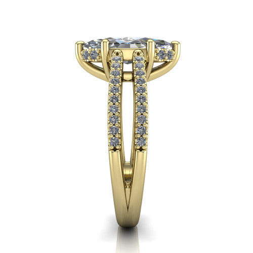 Linda marquise hidden halo engagement ring in 14K Yellow Gold with pavé split shank, side profile showing the hidden halo and pavé split shank