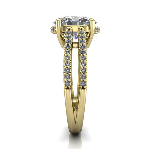 Linda oval hidden halo engagement ring in 14K Yellow Gold with pavé split shank, side profile showing the hidden halo and pavé split shank
