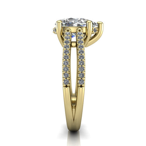 Linda pear hidden halo engagement ring in 18K Yellow Gold with pavé split shank, side profile showing the hidden halo and pavé split shank