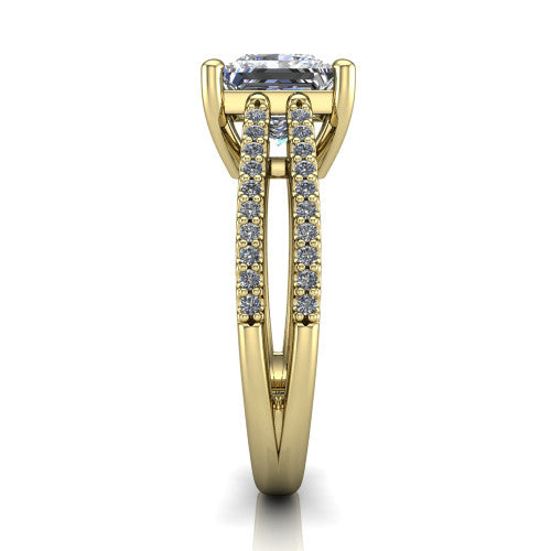 Linda princess hidden halo engagement ring in 14K Yellow Gold with pavé split shank, side profile showing the hidden halo and pavé split shank