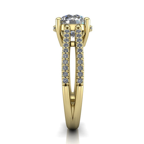 Linda round hidden halo engagement ring in 14K Yellow Gold with pavé split shank, side profile showing the hidden halo and pavé split shank