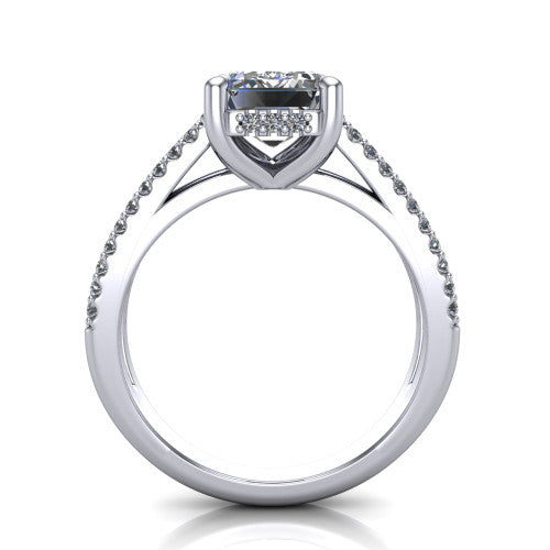 Linda emerald hidden halo engagement ring in 18K White Gold with pavé split shank, through-finger front profile revealing the hidden halo collar