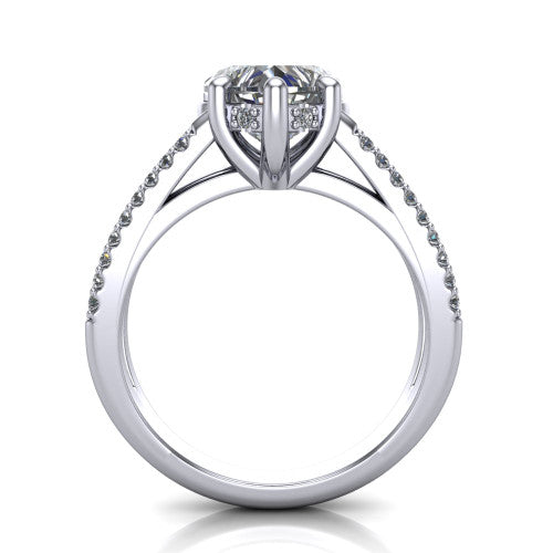 Linda heart hidden halo engagement ring in Platinum with pavé split shank, through-finger front profile revealing the hidden halo collar
