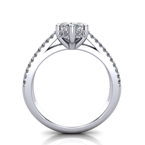 Linda marquise hidden halo engagement ring in Platinum with pavé split shank, through-finger front profile revealing the hidden halo collar
