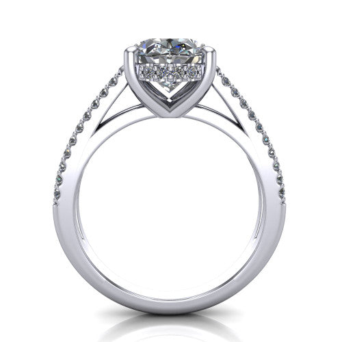 Linda oval hidden halo engagement ring in 18K White Gold with pavé split shank, through-finger front profile revealing the hidden halo collar
