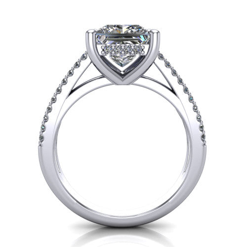 Linda princess hidden halo engagement ring in Platinum with pavé split shank, through-finger front profile revealing the hidden halo collar