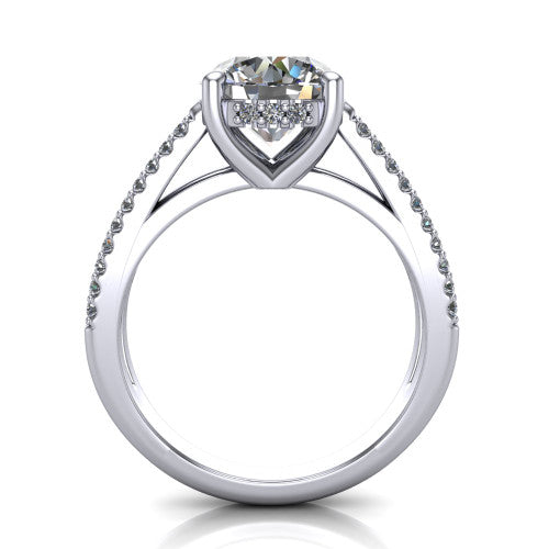 Linda round hidden halo engagement ring in 14K White Gold with pavé split shank, through-finger front profile revealing the hidden halo collar