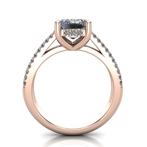 Linda emerald hidden halo engagement ring in 14K Rose Gold with pavé split shank, through-finger front profile revealing the hidden halo collar