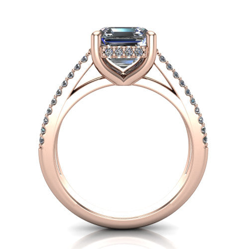 Linda asscher hidden halo engagement ring in 14K Rose Gold with pavé split shank, through-finger front profile revealing the hidden halo collar